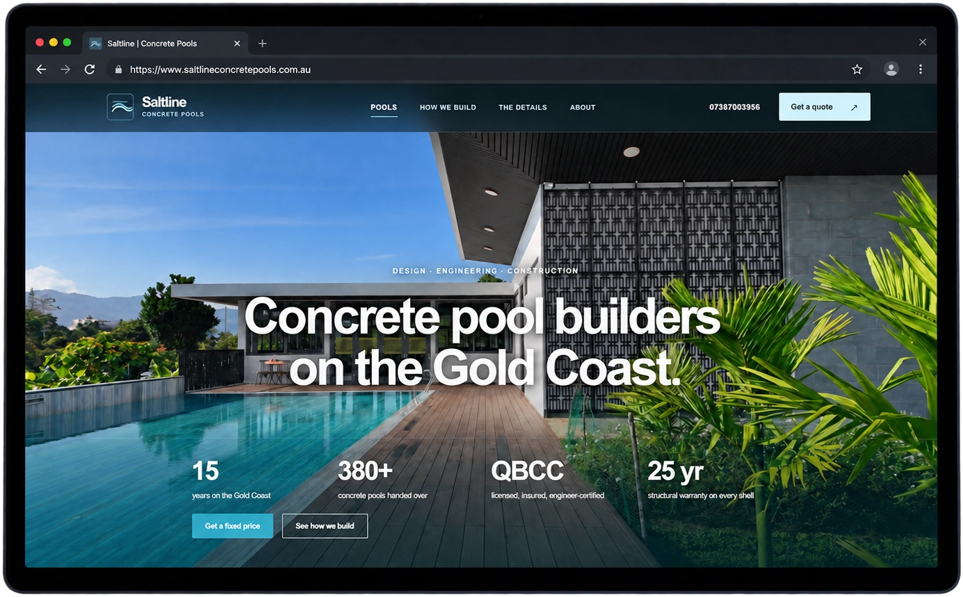 Saltline Concrete Pools homepage displayed in a desktop browser